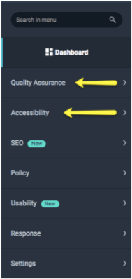 Siteimprove dashboard navigation highlighting quality assurance and accessibility options