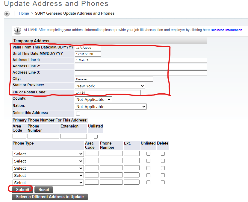 Temporary Address form, with address fields and submit button highlighted